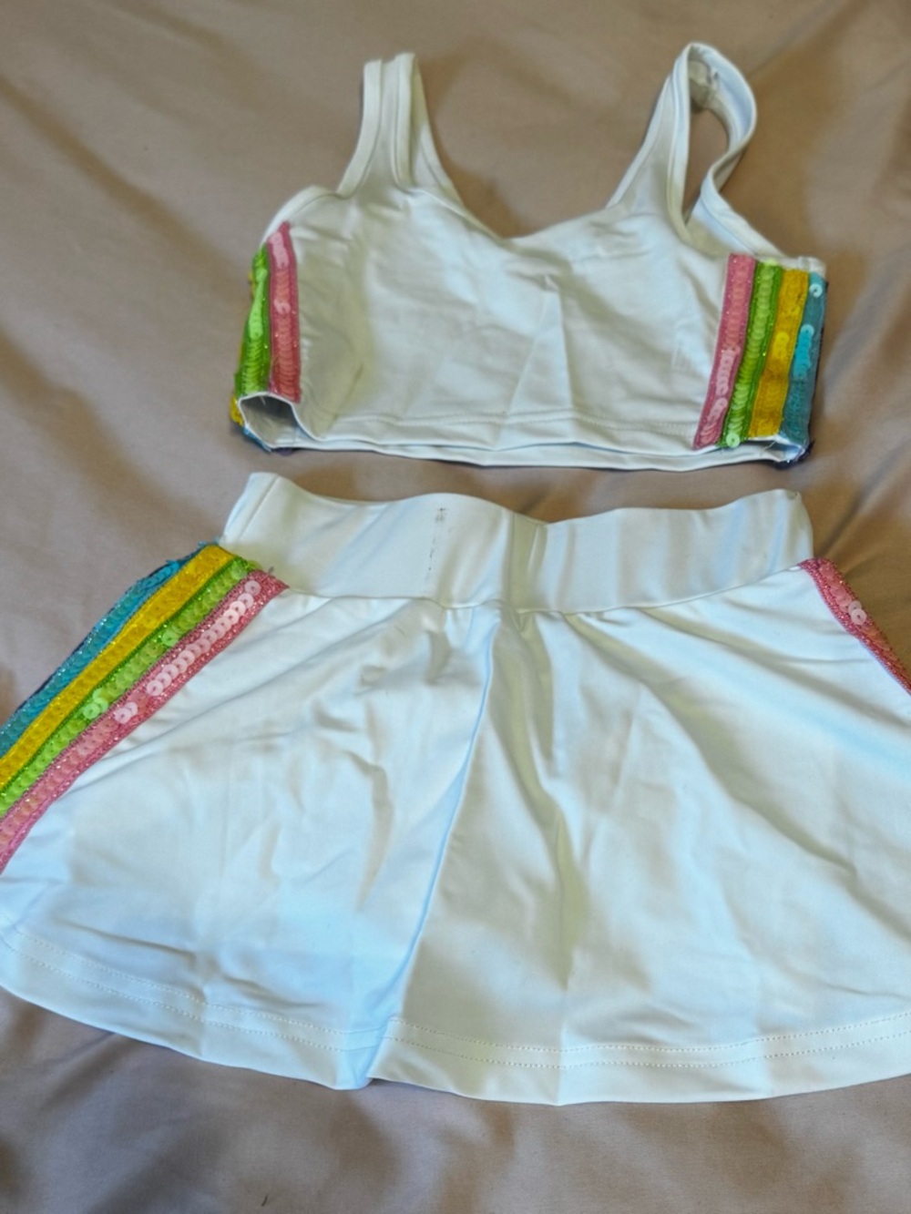 Lola + The Boys White Two-Piece Skirt Set with Rainbow Sequin Stripes
